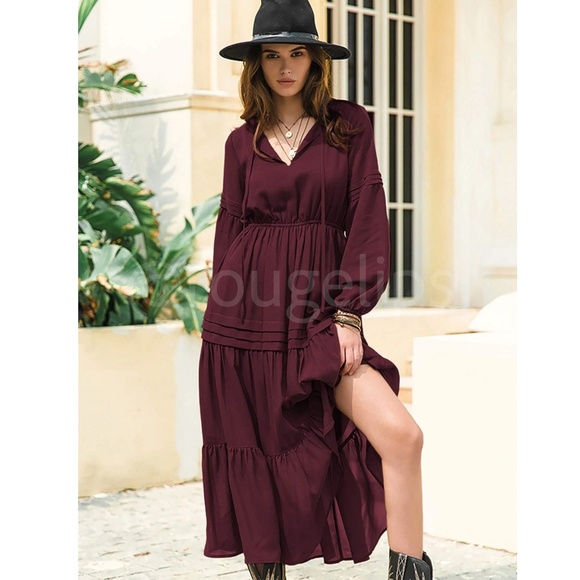 Burgundy Bohemian Maxi Dress Chiffon Neck Ties Long Sleeve Ruffle Hem Flowy - Picture 6 of 10